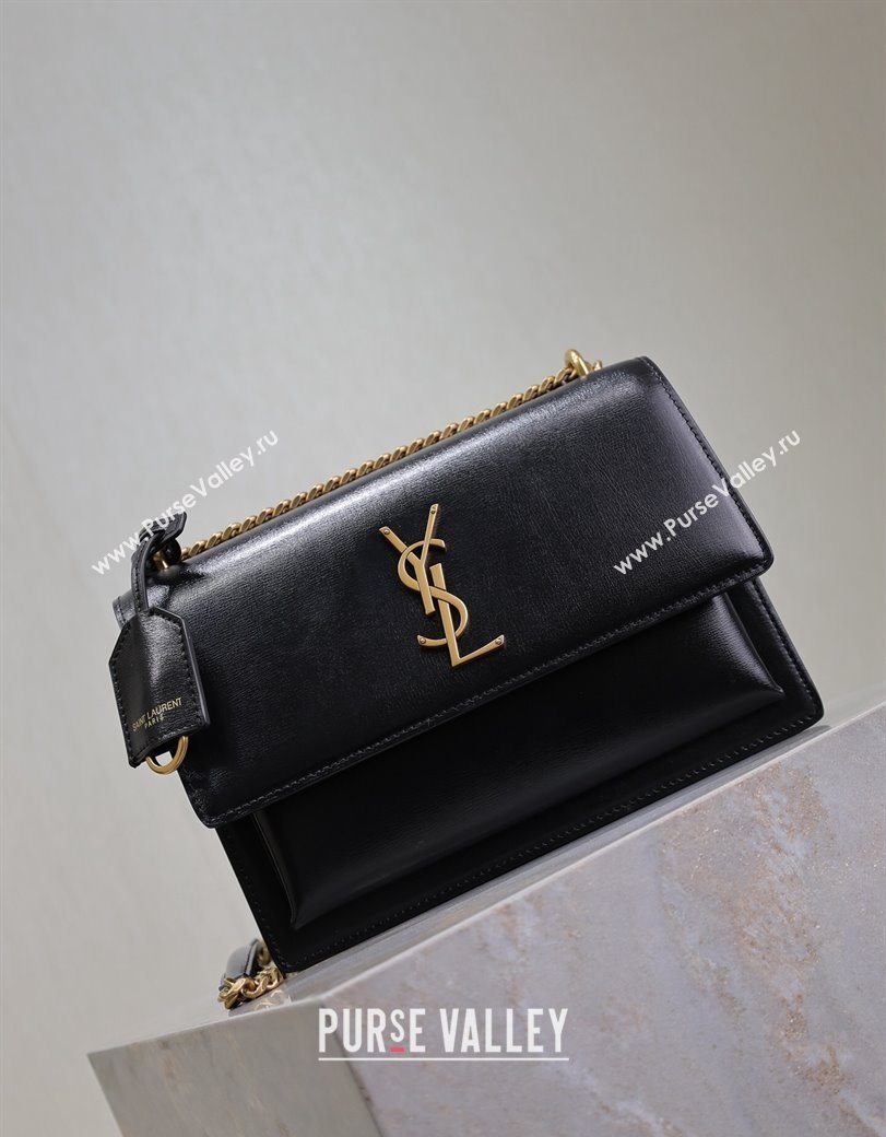 Saint Laurent Sunset Medium Bag in Box Leather 442906 Black/Gold 2024 (YY-241217108)