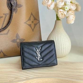 Saint Laurent Cassandre Matelasse Flap Card Case Wallet in Grained Leather 530841 Black/Silver 2024 (YY-241218079)