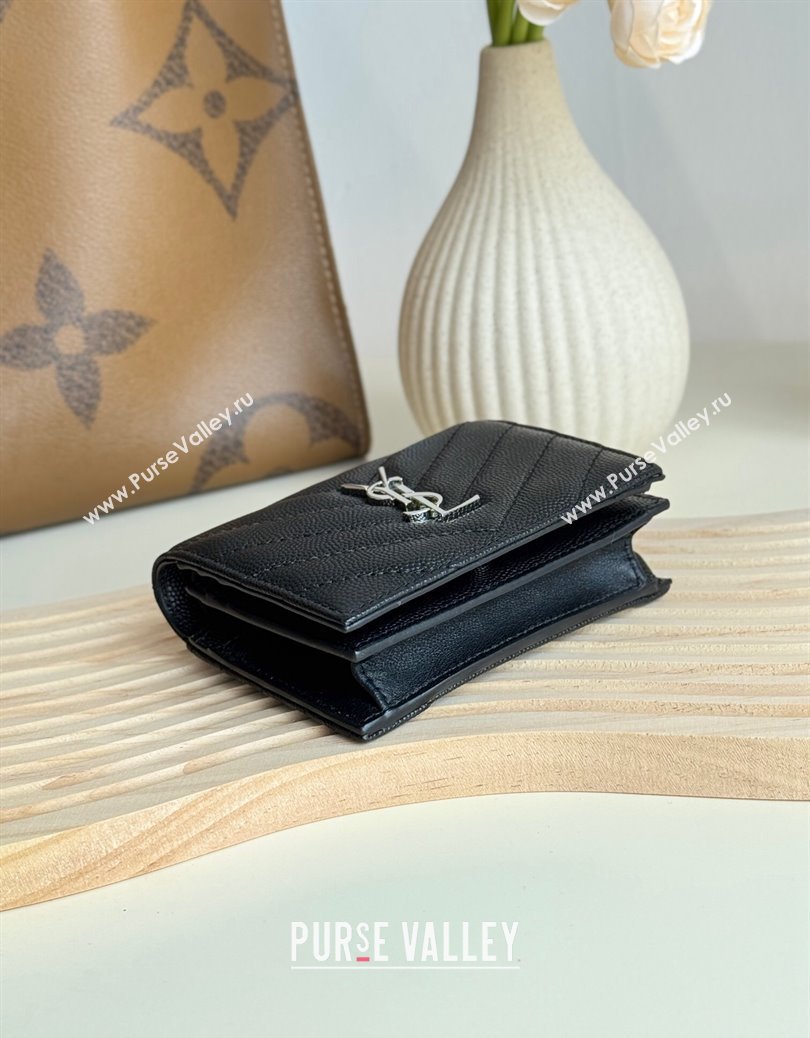 Saint Laurent Cassandre Matelasse Flap Card Case Wallet in Grained Leather 530841 Black/Silver 2024 (YY-241218079)