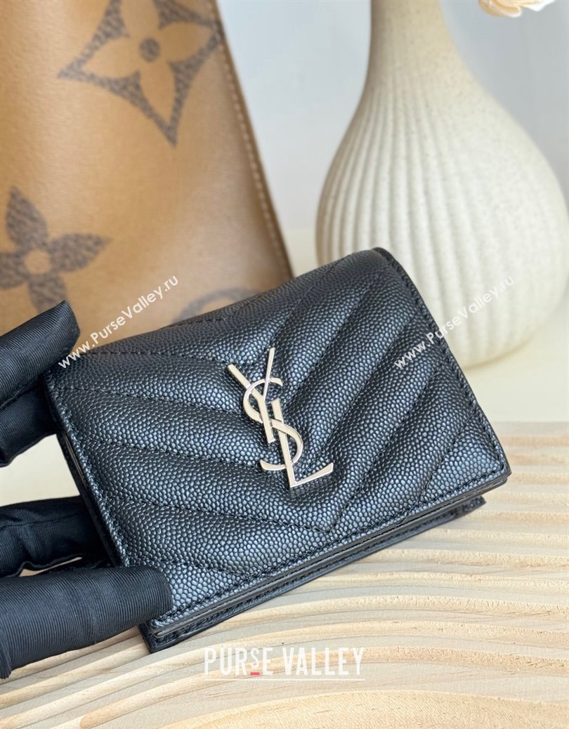 Saint Laurent Cassandre Matelasse Flap Card Case Wallet in Grained Leather 530841 Black/Silver 2024 (YY-241218079)