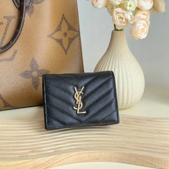 Saint Laurent Cassandre Matelasse Flap Card Case Wallet in Grained Leather 530841 Black/Gold 2024 (YY-241218080)