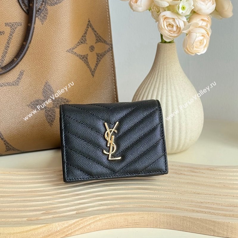 Saint Laurent Cassandre Matelasse Flap Card Case Wallet in Grained Leather 530841 Black/Gold 2024 (YY-241218080)