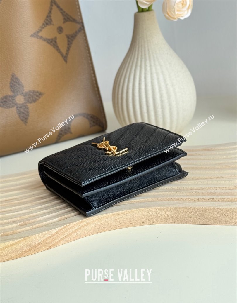 Saint Laurent Cassandre Matelasse Flap Card Case Wallet in Grained Leather 530841 Black/Gold 2024 (YY-241218080)