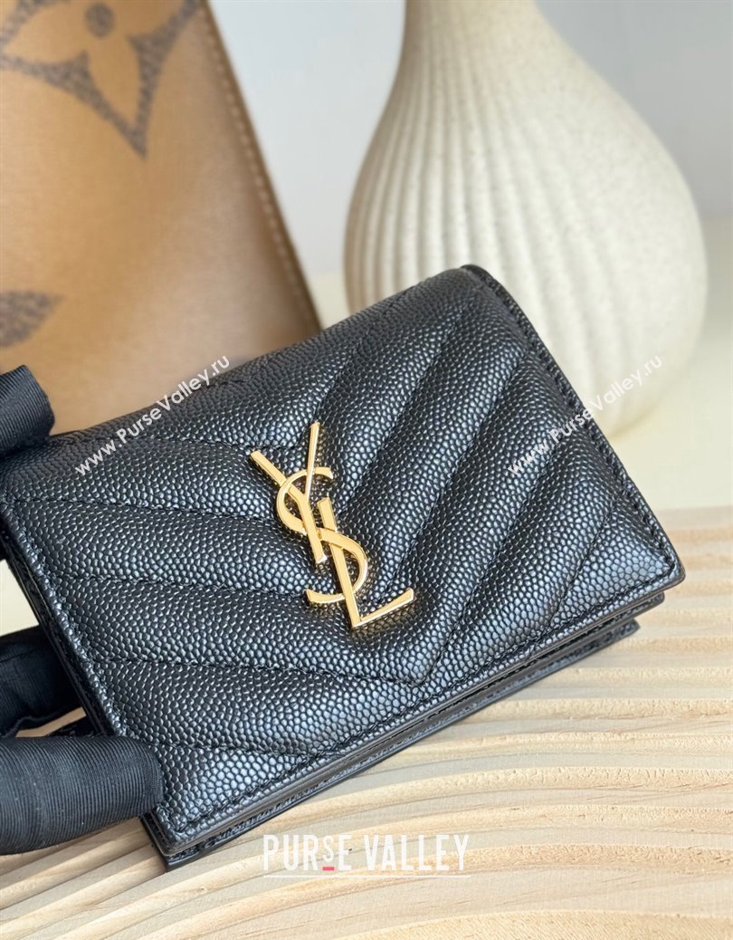 Saint Laurent Cassandre Matelasse Flap Card Case Wallet in Grained Leather 530841 Black/Gold 2024 (YY-241218080)