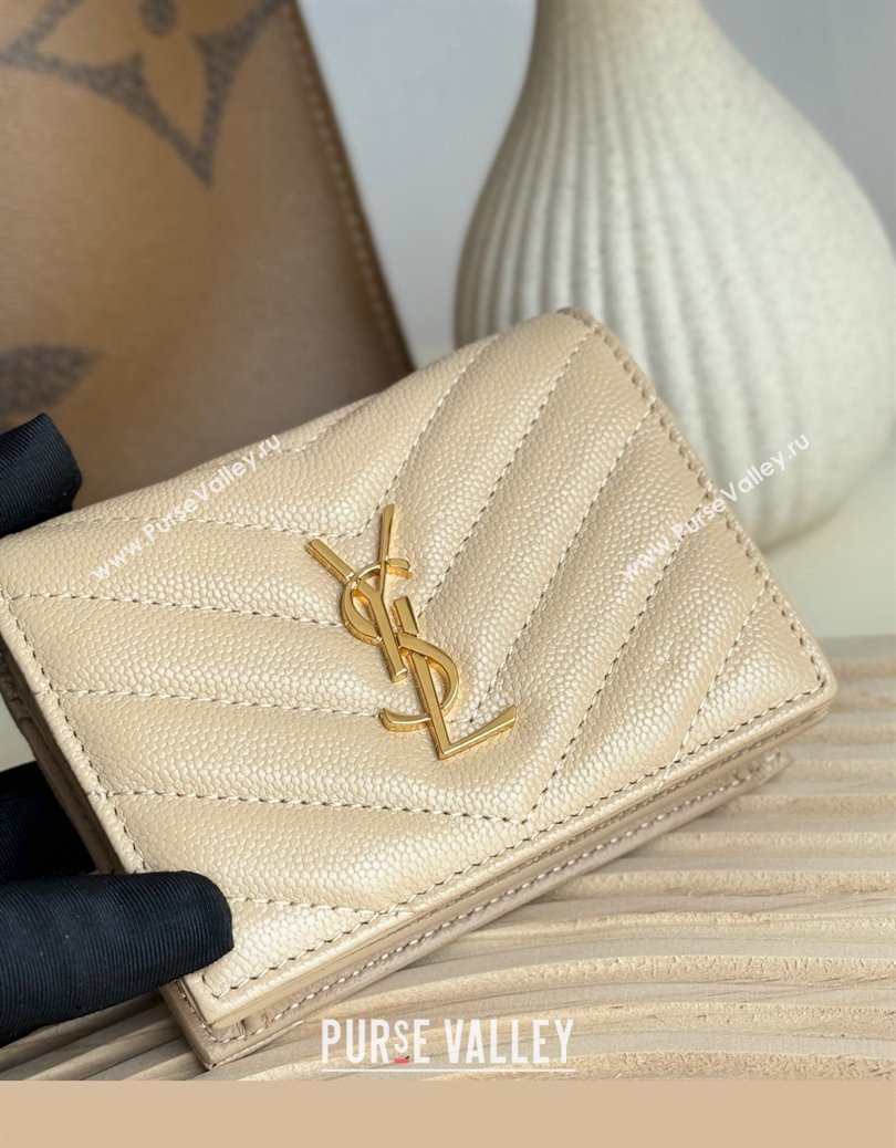 Saint Laurent Cassandre Matelasse Flap Card Case Wallet in Grained Leather 530841 Beige 2024 (YY-241218082)