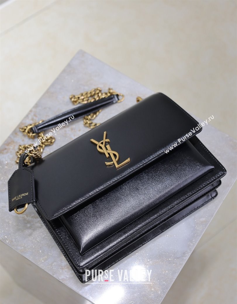 Saint Laurent Sunset Medium Bag in Box Leather 442906 Black/Gold 2024 (YY-241217108)