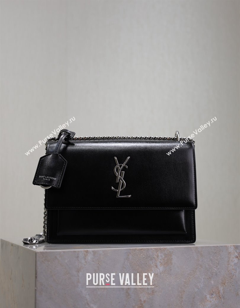 Saint Laurent Sunset Medium Bag in Box Leather 442906 Black/Silver 2024 (YY-241217109)