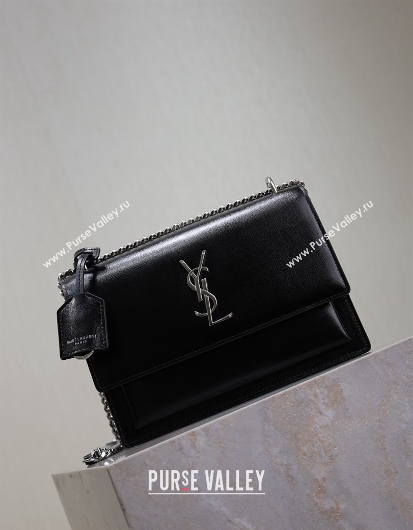 Saint Laurent Sunset Medium Bag in Box Leather 442906 Black/Silver 2024 (YY-241217109)