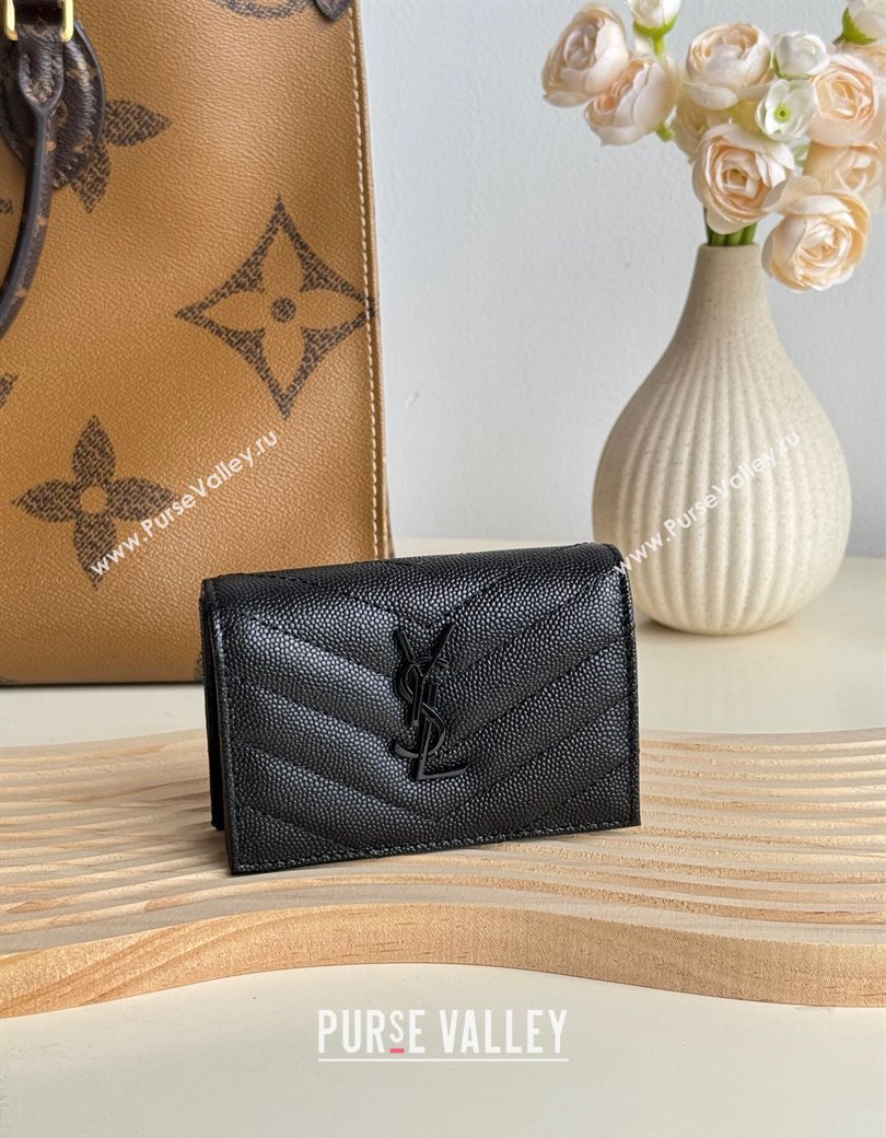 Saint Laurent Matelasse Business Card Case in Grianed Leather All Black 2024 596323 (YY-241218146)