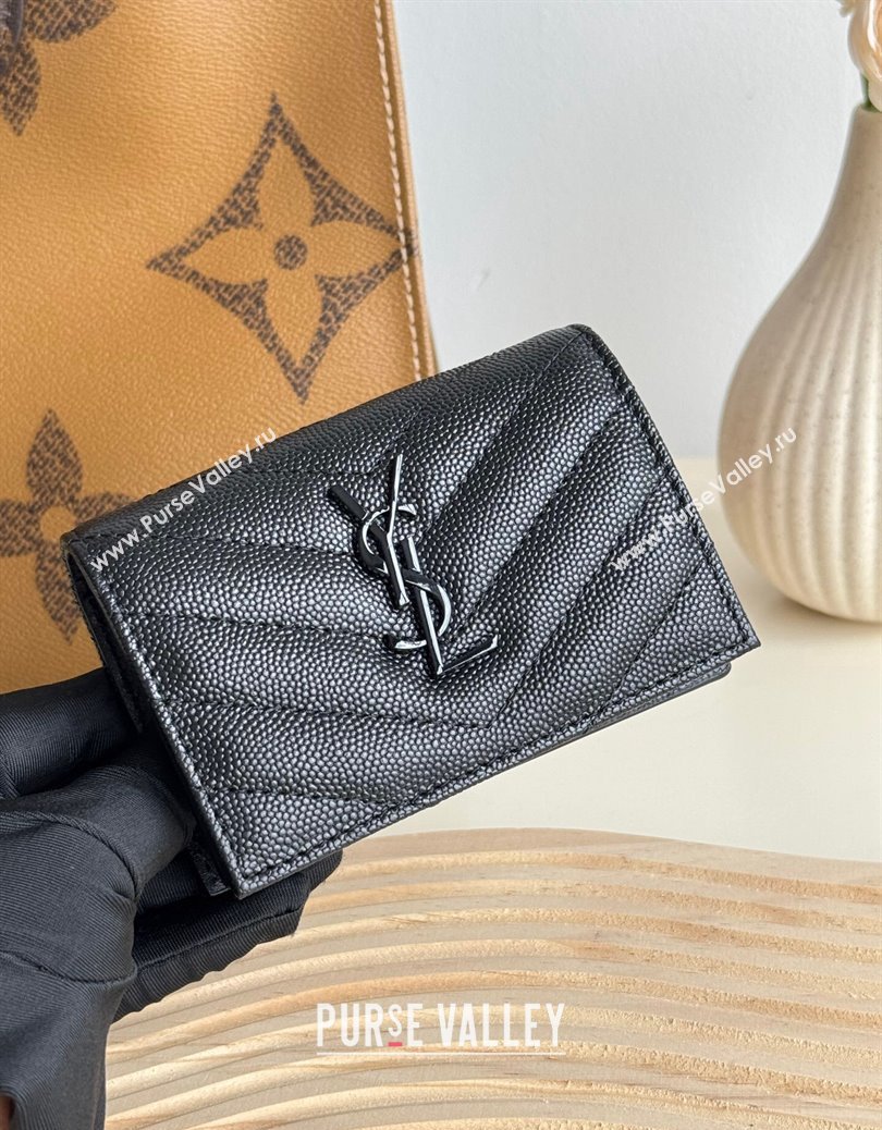 Saint Laurent Matelasse Business Card Case in Grianed Leather All Black 2024 596323 (YY-241218146)