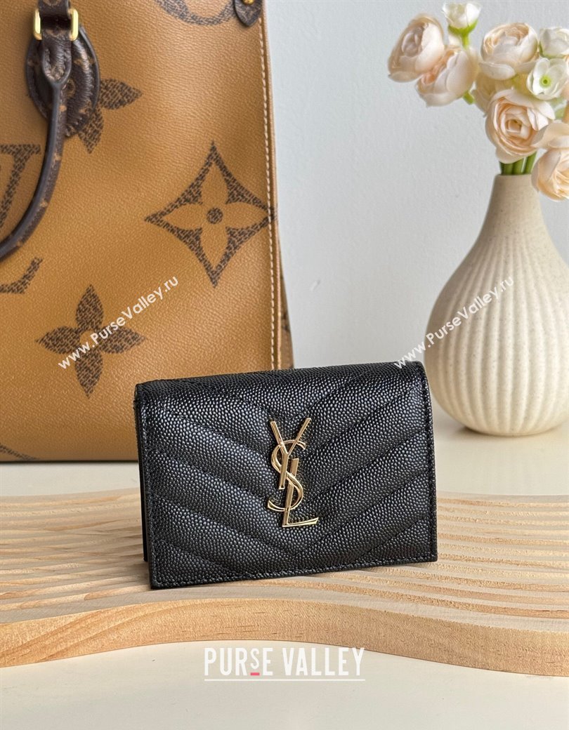 Saint Laurent Matelasse Business Card Case in Grianed Leather Black/Gold 2024 596323 (YY-241218147)