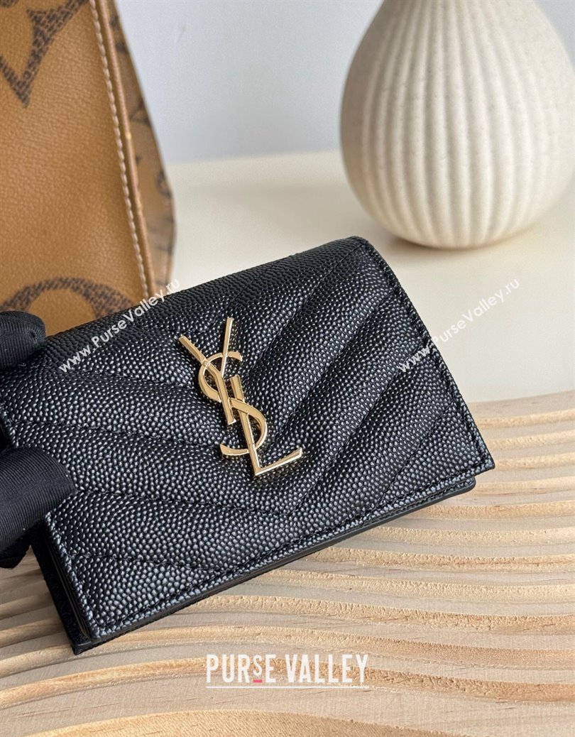 Saint Laurent Matelasse Business Card Case in Grianed Leather Black/Gold 2024 596323 (YY-241218147)