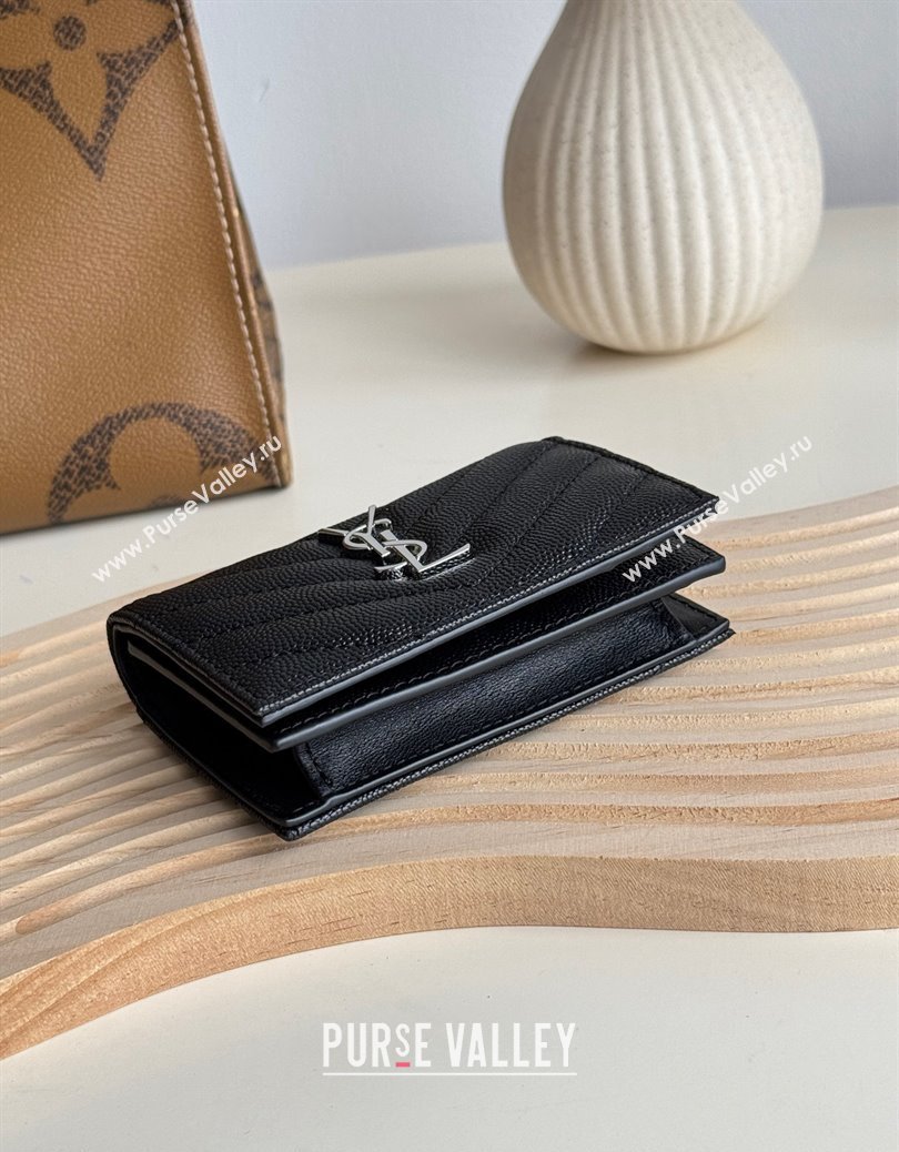 Saint Laurent Matelasse Business Card Case in Grianed Leather Black/Silver 2024 596323 (YY-241218148)