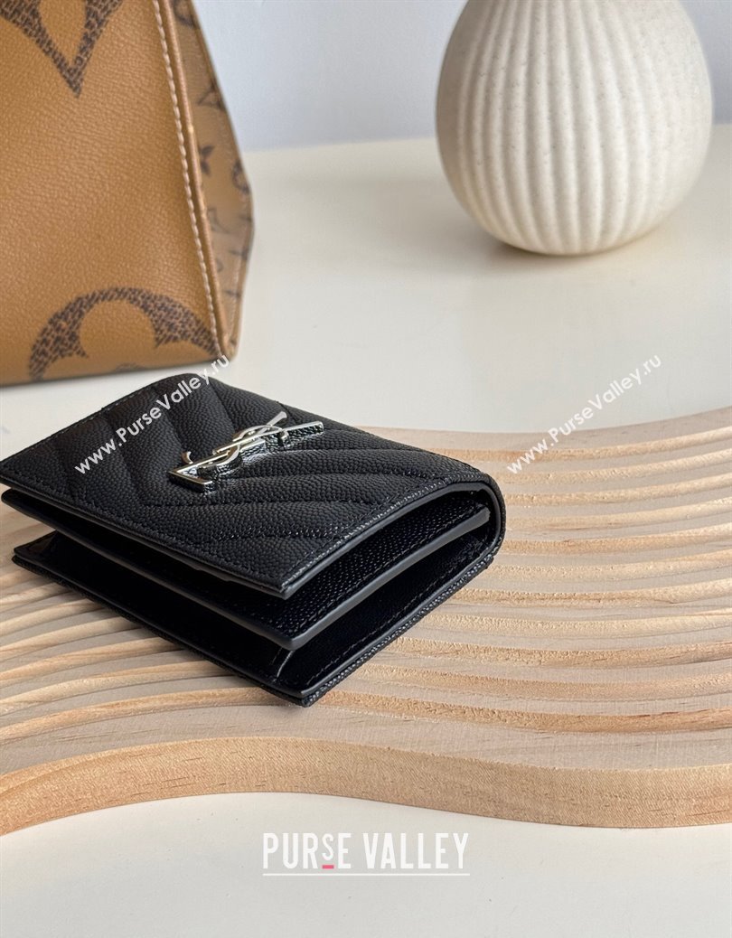 Saint Laurent Matelasse Business Card Case in Grianed Leather Black/Silver 2024 596323 (YY-241218148)