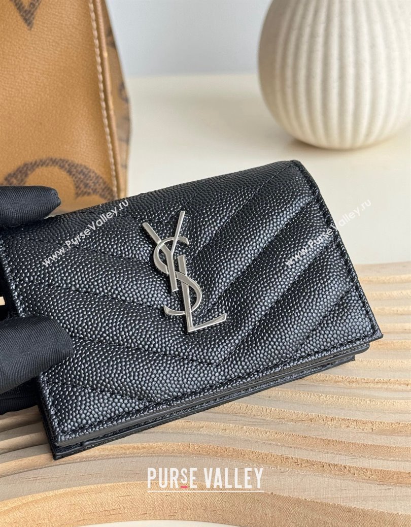 Saint Laurent Matelasse Business Card Case in Grianed Leather Black/Silver 2024 596323 (YY-241218148)