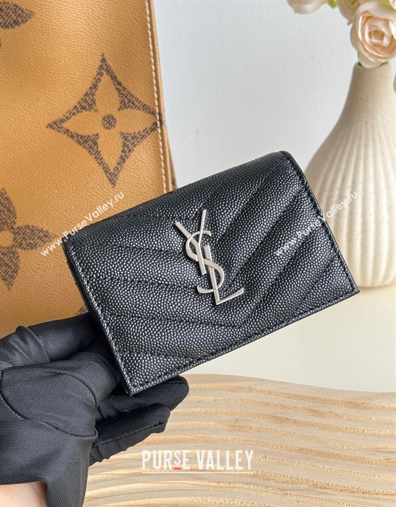 Saint Laurent Matelasse Business Card Case in Grianed Leather Black/Silver 2024 596323 (YY-241218148)