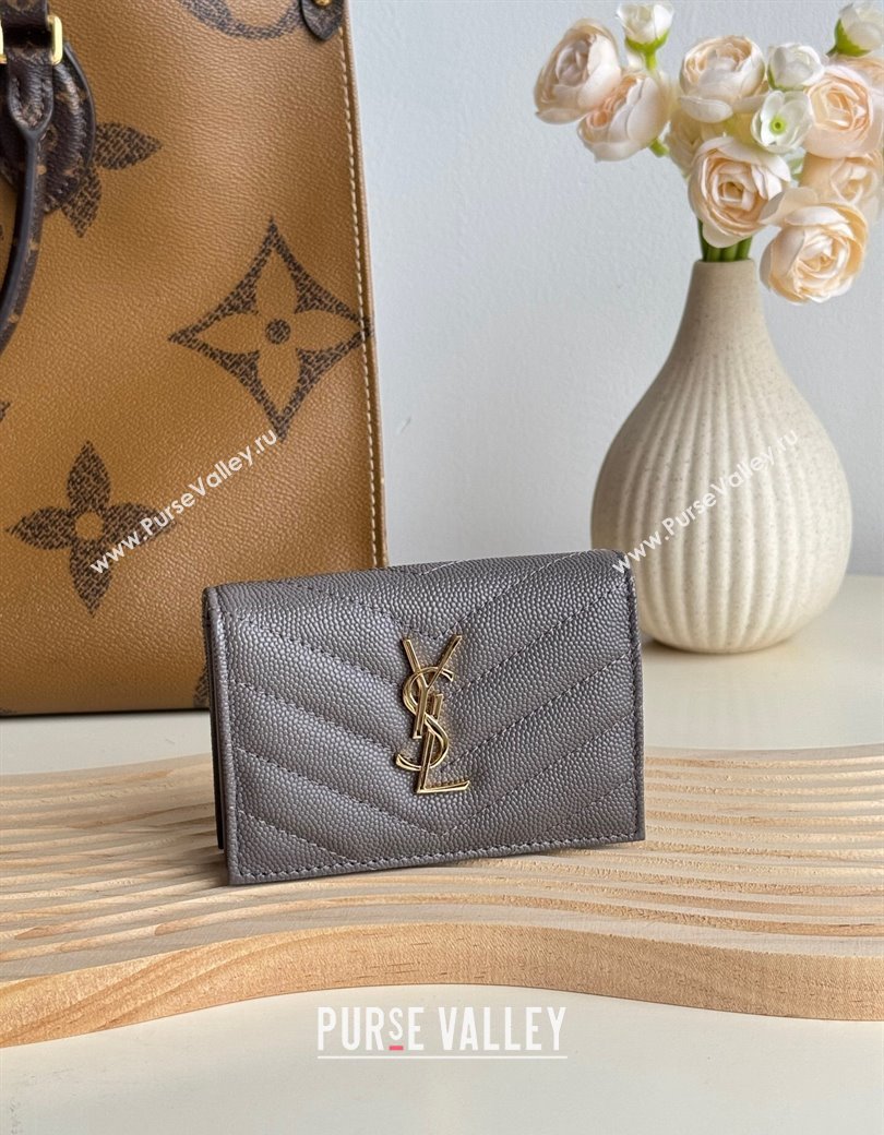 Saint Laurent Matelasse Business Card Case in Grianed Leather Grey 2024 596323 (YY-241218149)