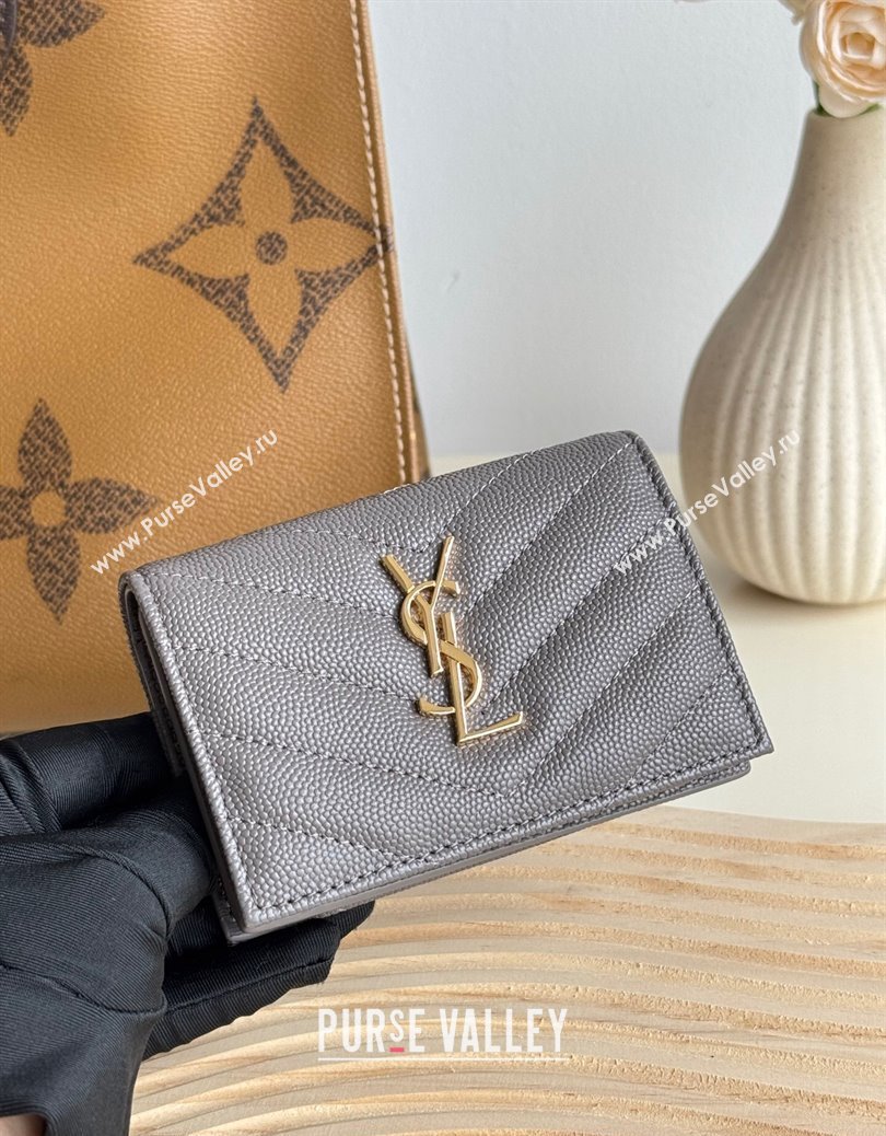 Saint Laurent Matelasse Business Card Case in Grianed Leather Grey 2024 596323 (YY-241218149)