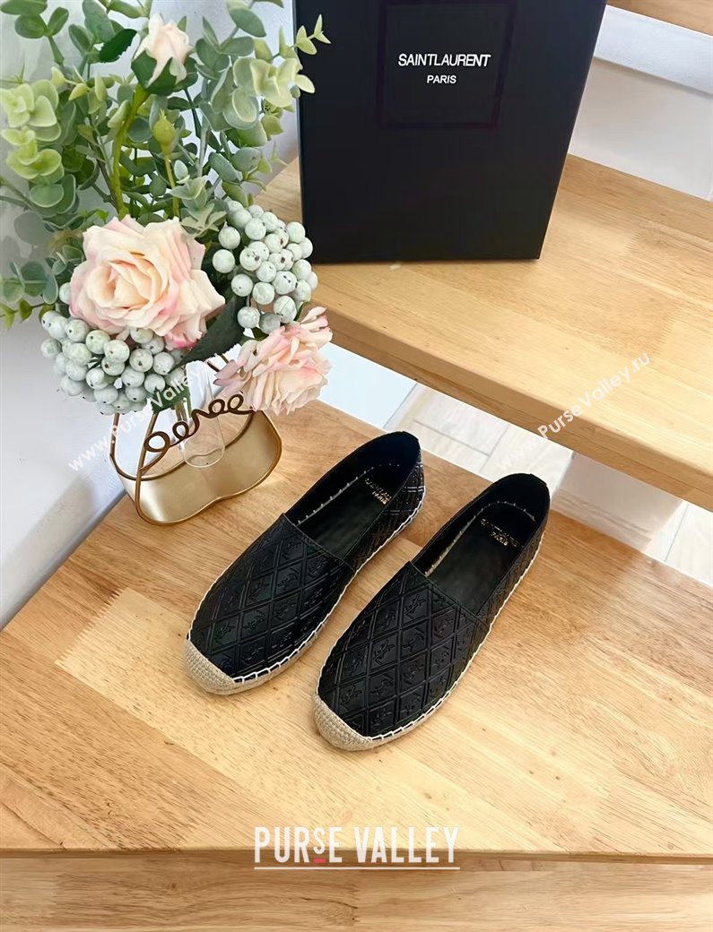 Saint Laurent YSL Allover Leather Espadrilles Flat Black 2024 1226 (HB-241226056)