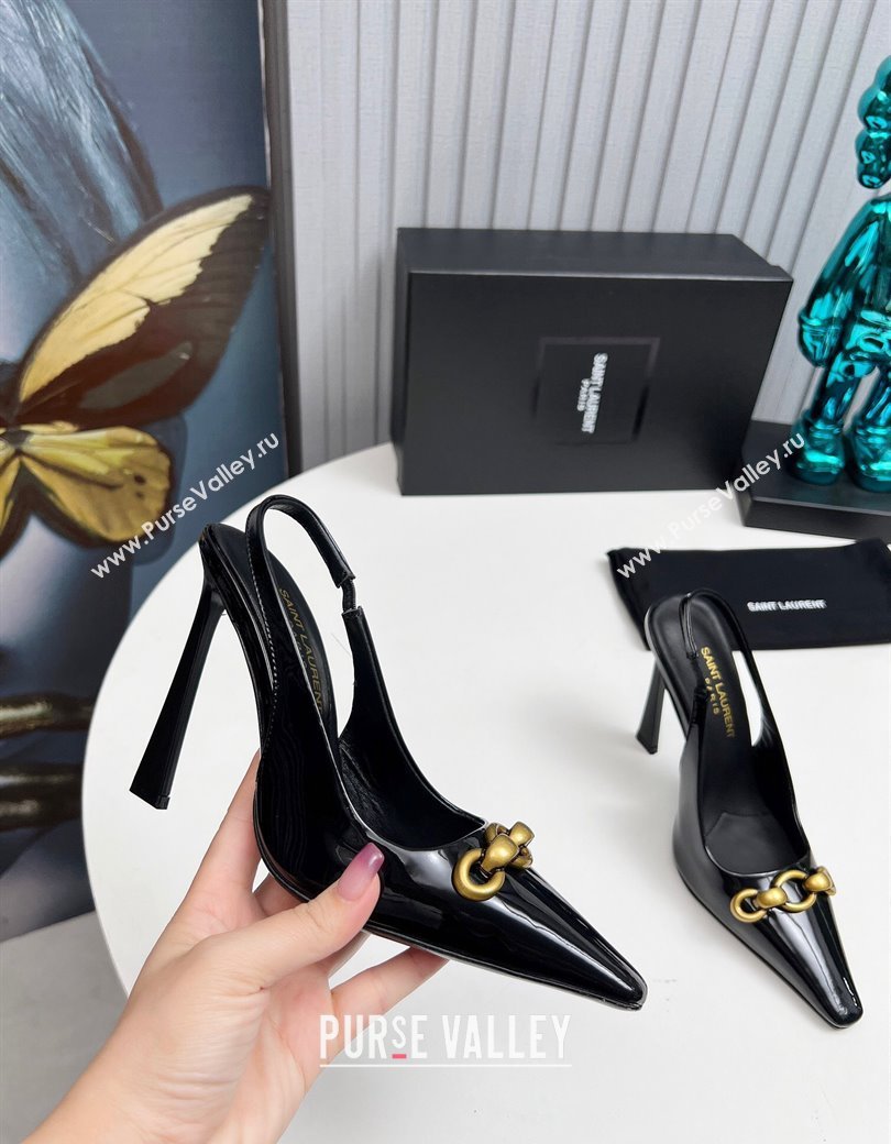 Saint Laurent Le Maillon Slingback Pumps 11cm in Patent Leather Black 2024 1226 (MD-241226077)