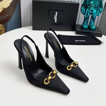 Saint Laurent Le Maillon Slingback Pumps 11cm in Satin Black 2024 1226 (MD-241226079)