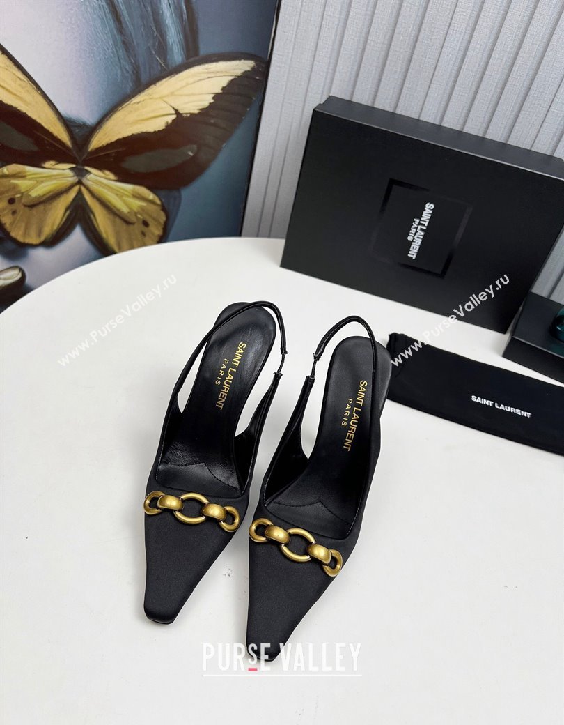 Saint Laurent Le Maillon Slingback Pumps 11cm in Satin Black 2024 1226 (MD-241226079)