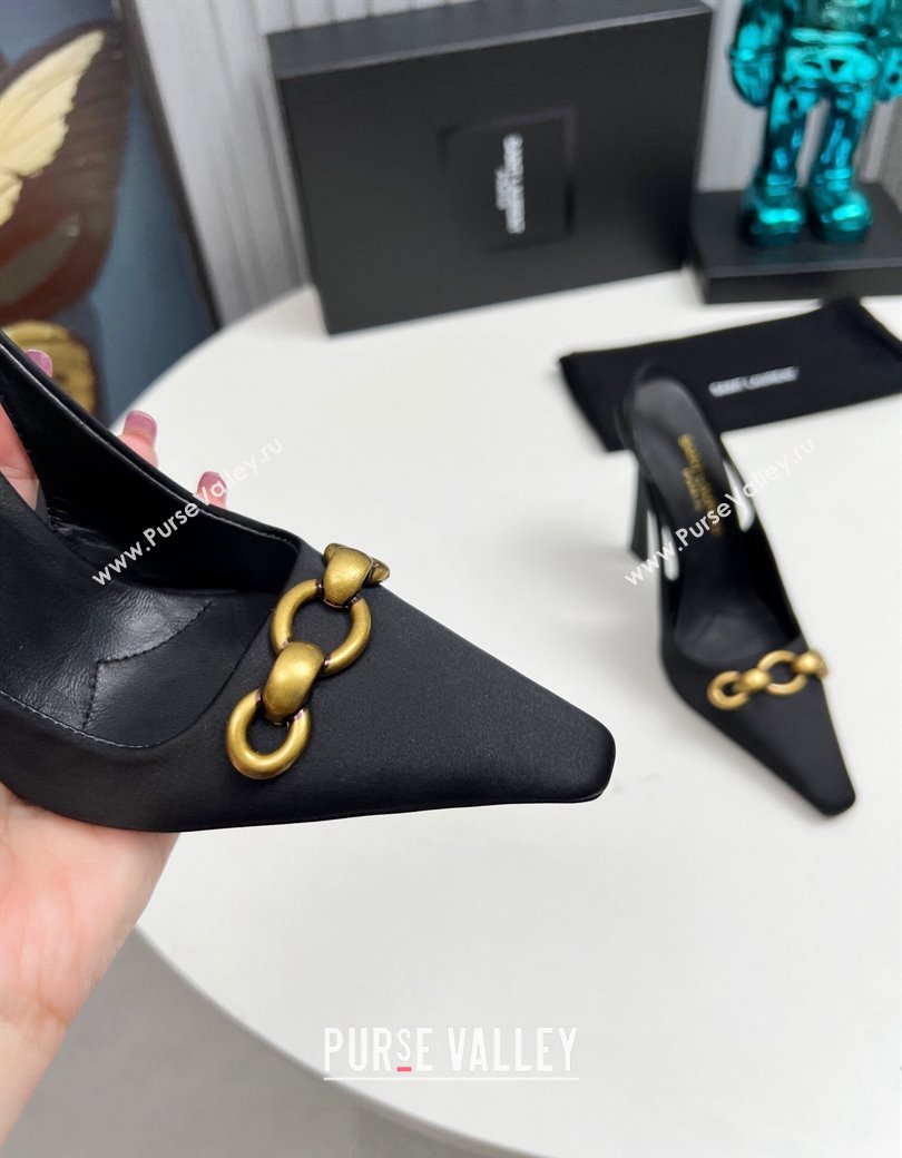 Saint Laurent Le Maillon Slingback Pumps 11cm in Satin Black 2024 1226 (MD-241226079)