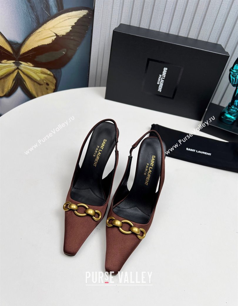 Saint Laurent Le Maillon Slingback Pumps 11cm in Satin Brown 2024 1226 (MD-241226080)