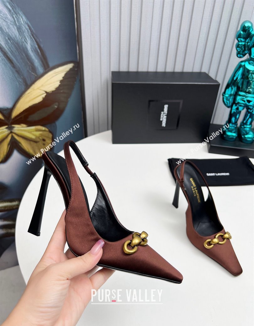 Saint Laurent Le Maillon Slingback Pumps 11cm in Satin Brown 2024 1226 (MD-241226080)