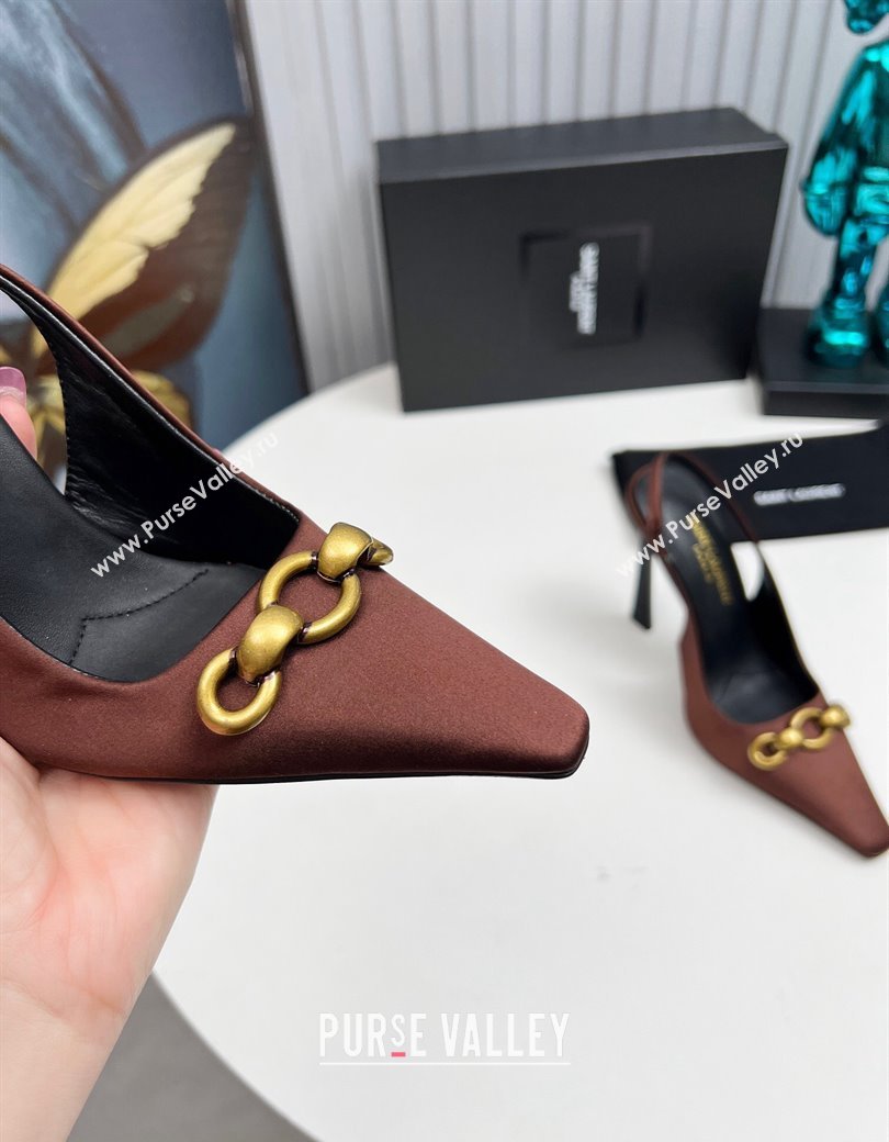 Saint Laurent Le Maillon Slingback Pumps 11cm in Satin Brown 2024 1226 (MD-241226080)