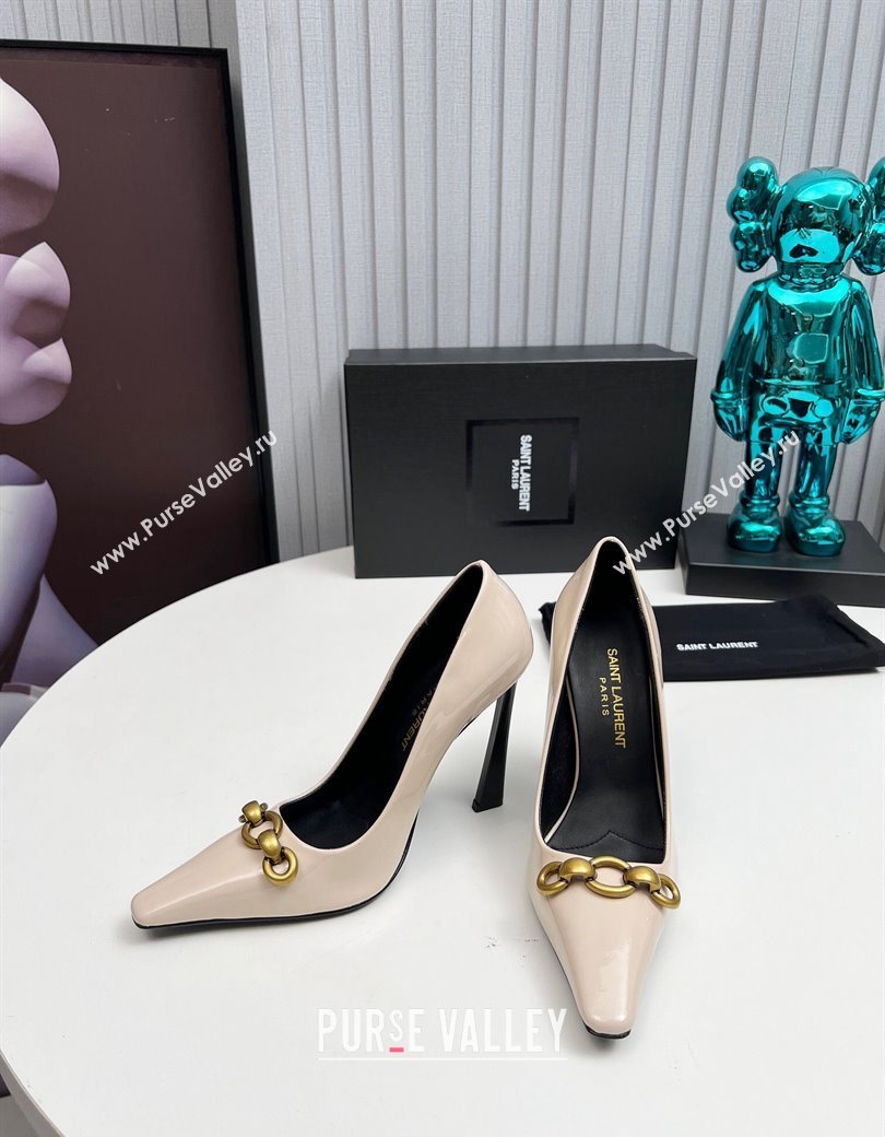 Saint Laurent Le Maillon High Heel Pumps 11cm in Patent Leather Light Beige 2024 1226 (MD-241226083)