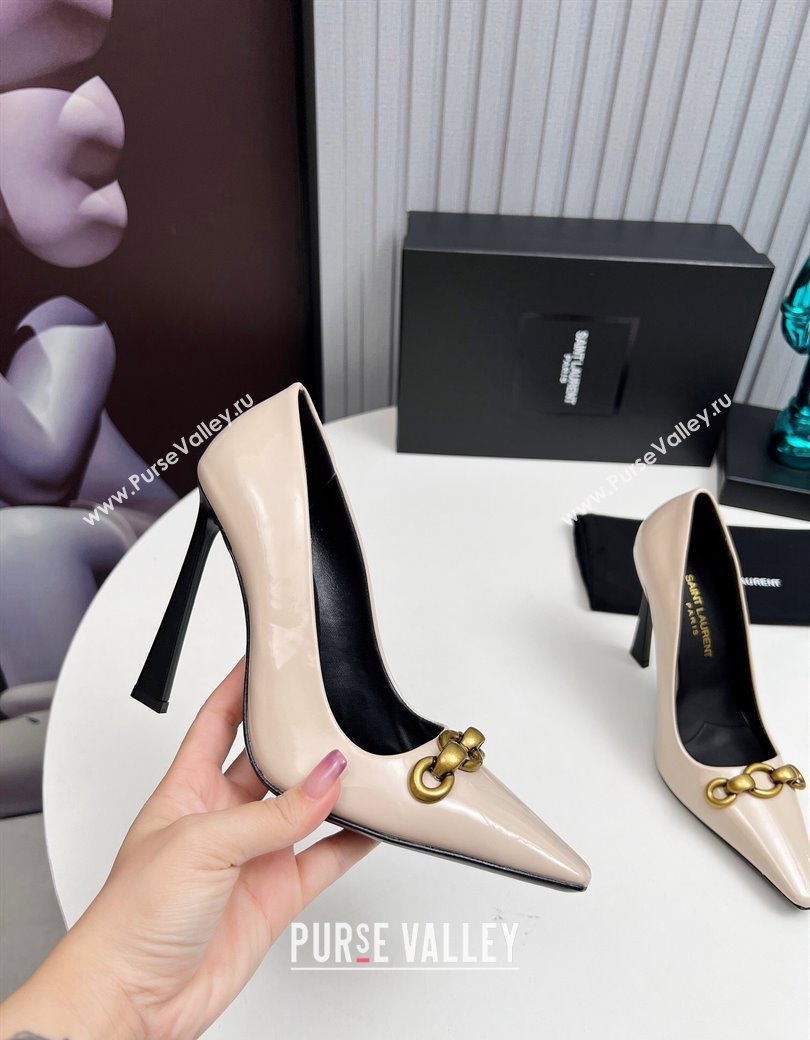 Saint Laurent Le Maillon High Heel Pumps 11cm in Patent Leather Light Beige 2024 1226 (MD-241226083)