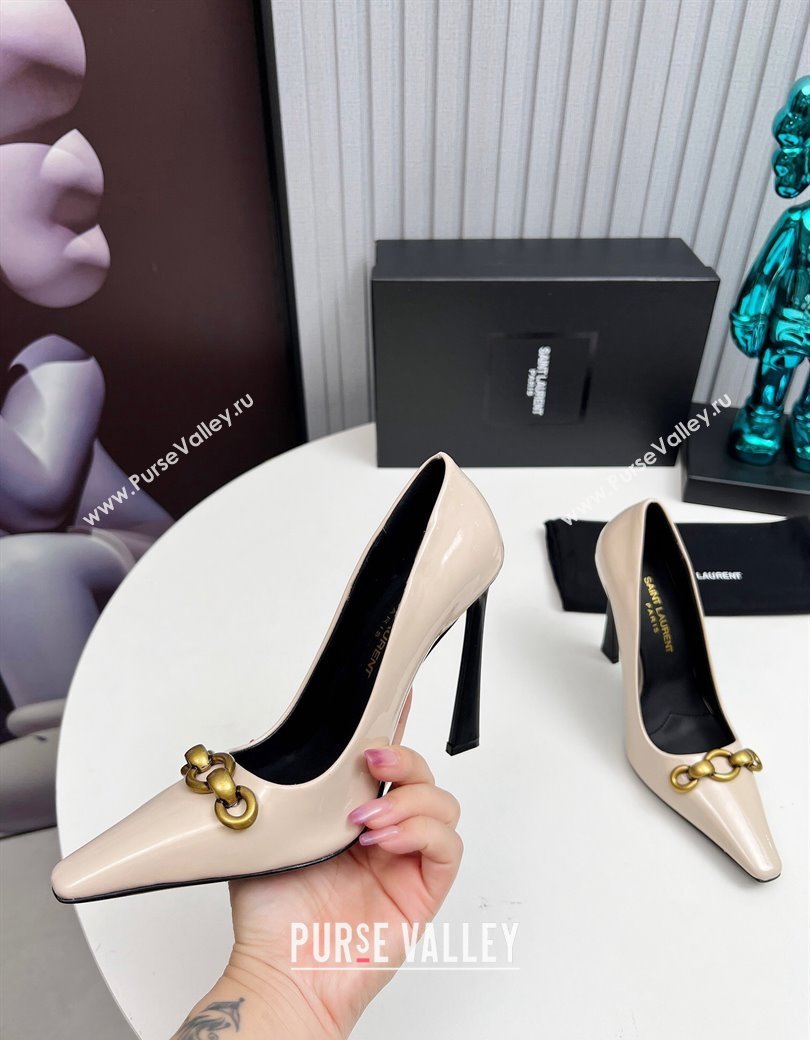 Saint Laurent Le Maillon High Heel Pumps 11cm in Patent Leather Light Beige 2024 1226 (MD-241226083)