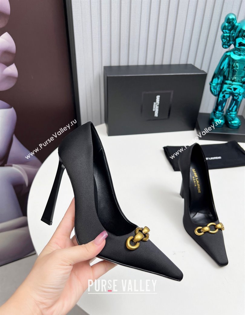 Saint Laurent Le Maillon High Heel Pumps 11cm in Satin Black 2024 1226 (MD-241226085)