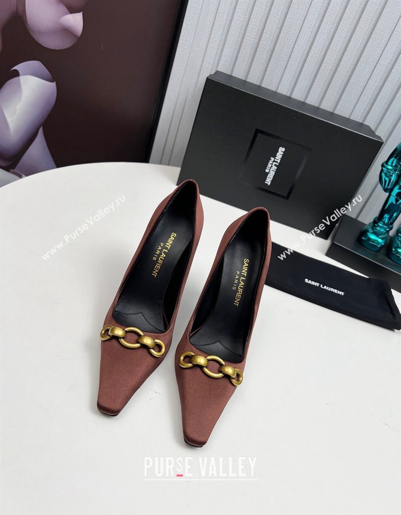 Saint Laurent Le Maillon High Heel Pumps 11cm in Satin Brown 2024 1226 (MD-241226086)