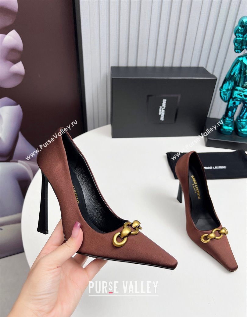 Saint Laurent Le Maillon High Heel Pumps 11cm in Satin Brown 2024 1226 (MD-241226086)