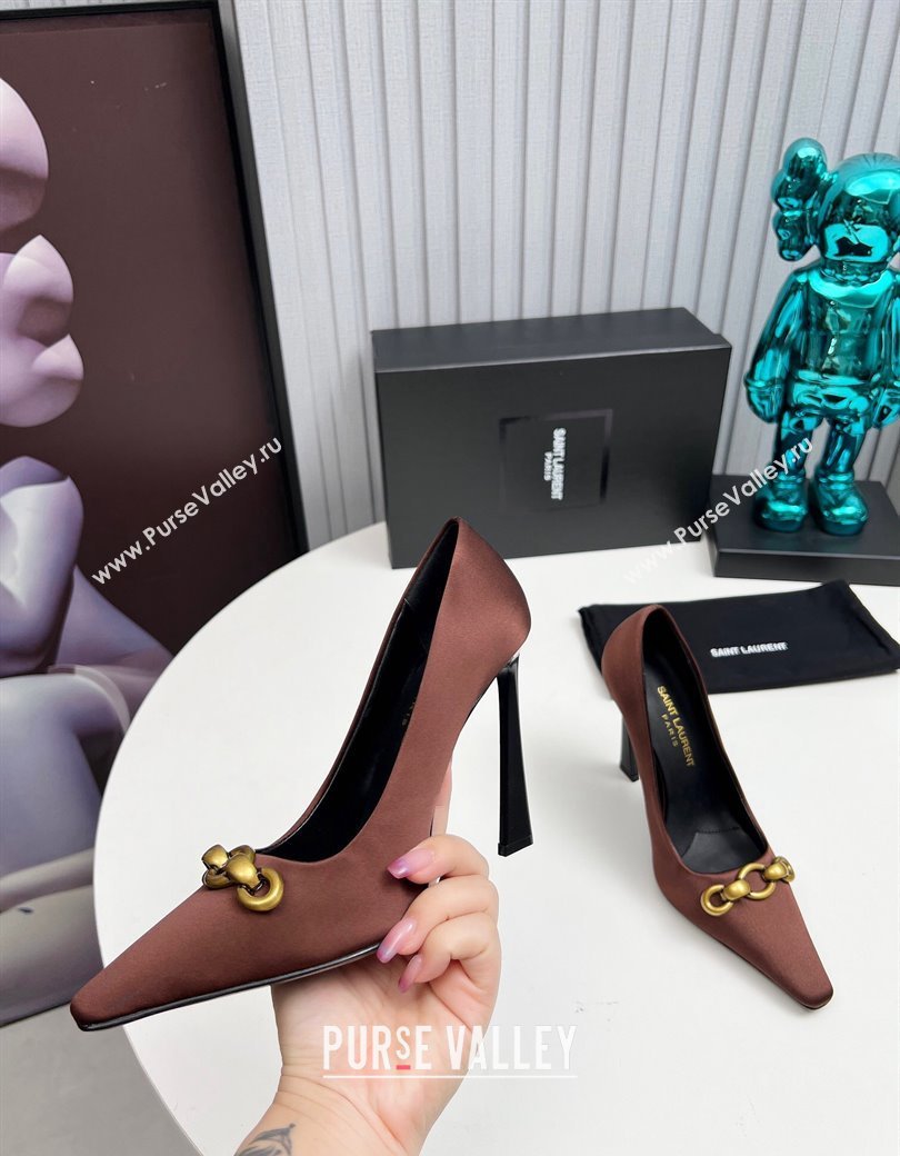 Saint Laurent Le Maillon High Heel Pumps 11cm in Satin Brown 2024 1226 (MD-241226086)