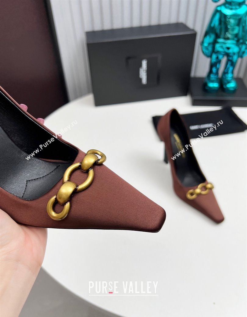 Saint Laurent Le Maillon High Heel Pumps 11cm in Satin Brown 2024 1226 (MD-241226086)