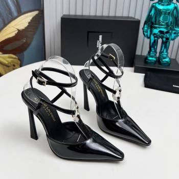 Saint Laurent Slingback Pumps 11cm in Patent Leather with Strass Buckle Strap Black 2024 1226 (MD-241226087)