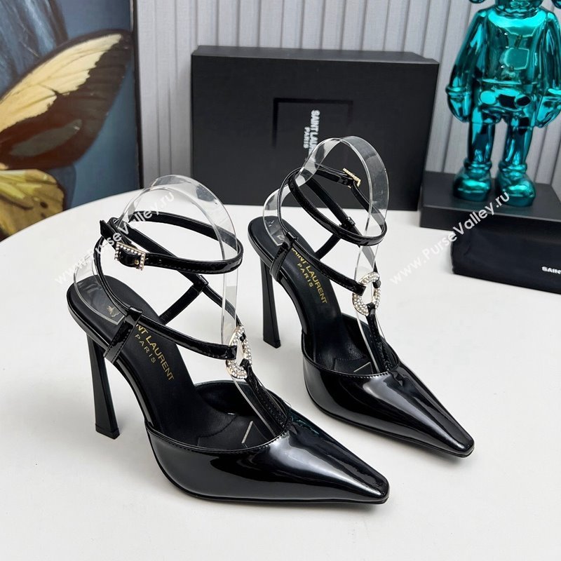 Saint Laurent Slingback Pumps 11cm in Patent Leather with Strass Buckle Strap Black 2024 1226 (MD-241226087)