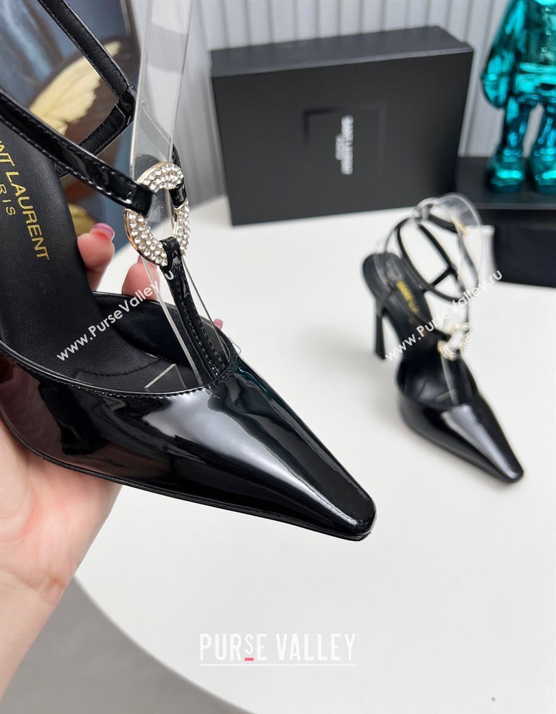 Saint Laurent Slingback Pumps 11cm in Patent Leather with Strass Buckle Strap Black 2024 1226 (MD-241226087)