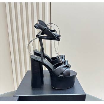 Saint Laurent Laced-up Platform Sandals 14cm in Calfskin Leather Black 2024 1226 (MD-241226063)