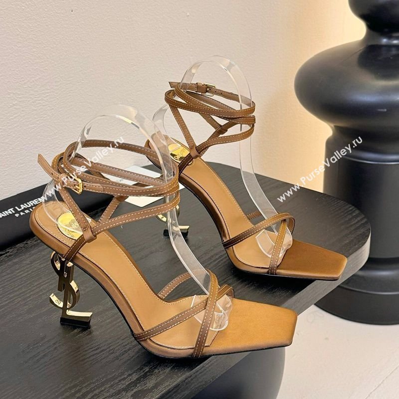 Saint Laurent Satin High Heel YSL Sandals 10.5cm with Ankle Strap Gold-Tone 2025 0225 (MD-250225056)