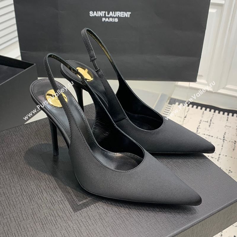 Saint Laurent Romy Slingback Pumps 10.5cm in Satin Black 2025 (KER-250225069)