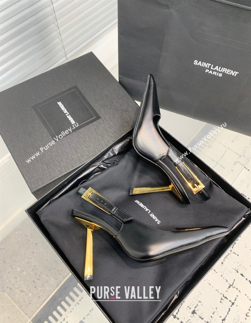 Saint Laurent Lee Slingback Pumps 11cm with Buckle in Shiny Leather Black 2025 763421 (KER-250225071)