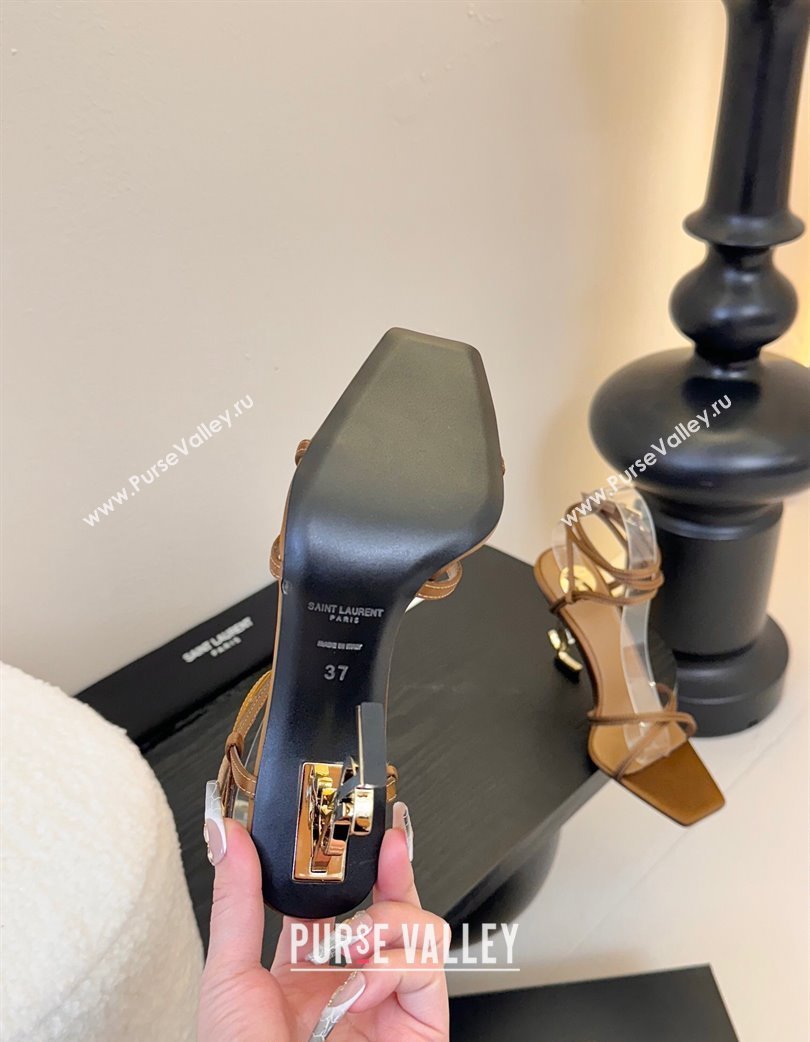 Saint Laurent Satin High Heel YSL Sandals 10.5cm with Ankle Strap Gold-Tone 2025 0225 (MD-250225056)