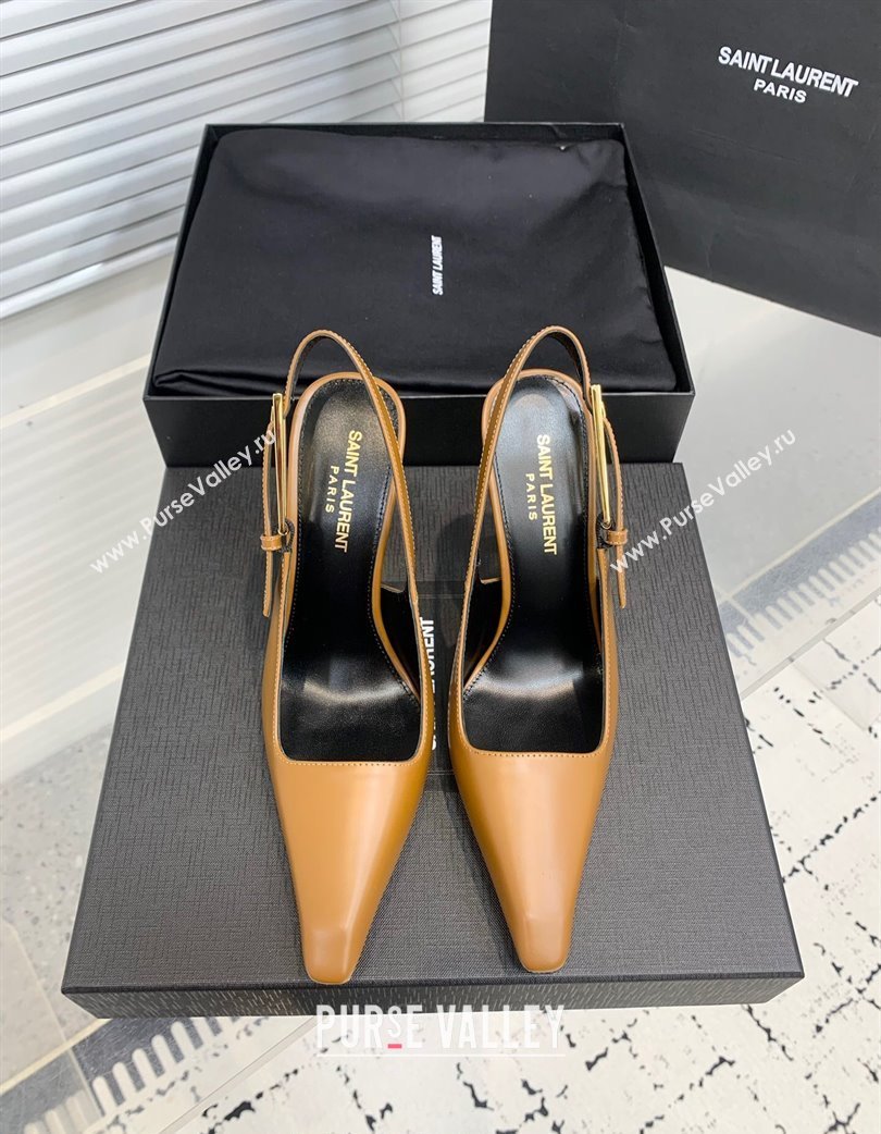 Saint Laurent Lee Slingback Pumps 11cm with Buckle in Shiny Leather Light Brown 2025 763421 (KER-250225074)