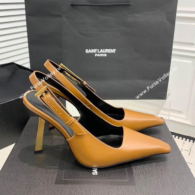 Saint Laurent Lee Slingback Pumps 11cm with Buckle in Shiny Leather Light Brown 2025 763421 (KER-250225074)