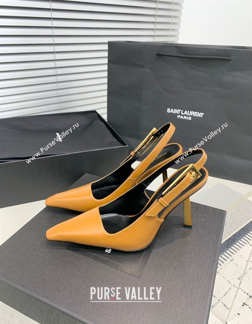 Saint Laurent Lee Slingback Pumps 11cm with Buckle in Shiny Leather Light Brown 2025 763421 (KER-250225074)
