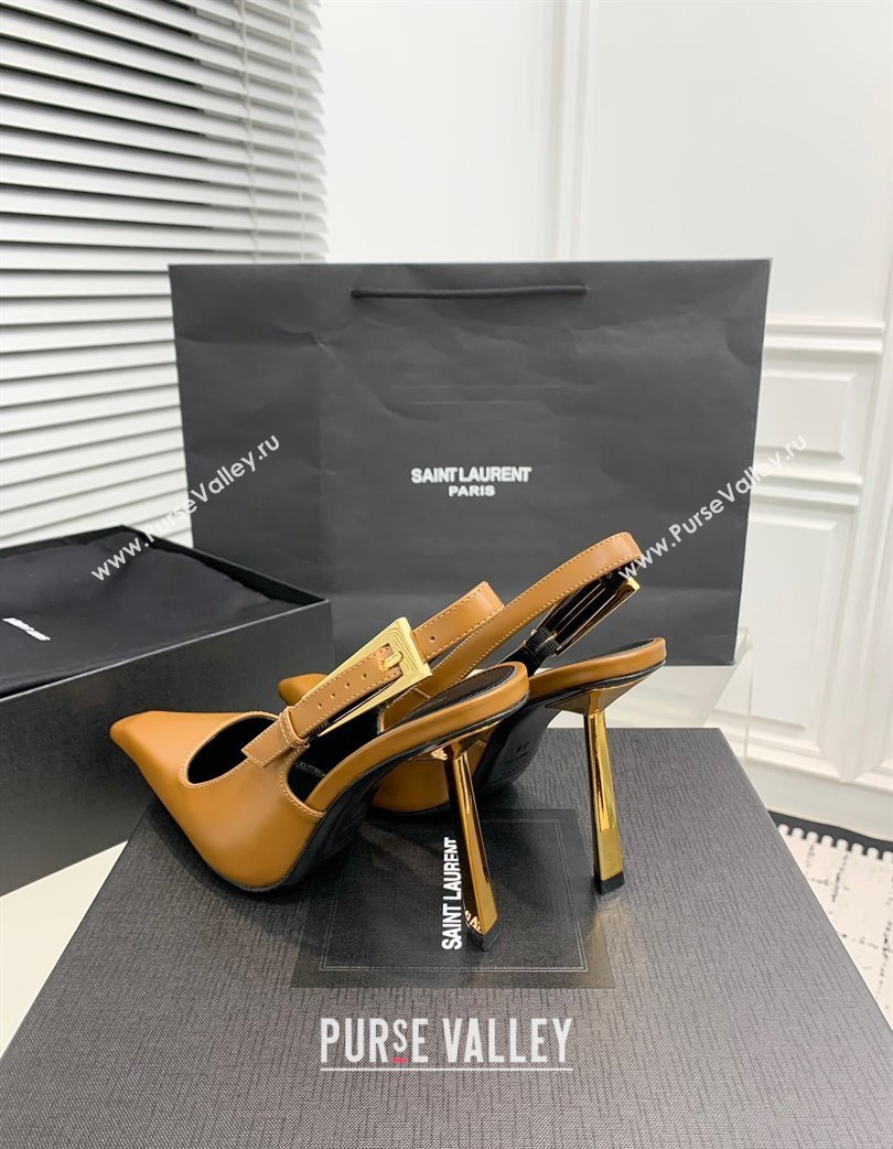 Saint Laurent Lee Slingback Pumps 11cm with Buckle in Shiny Leather Light Brown 2025 763421 (KER-250225074)